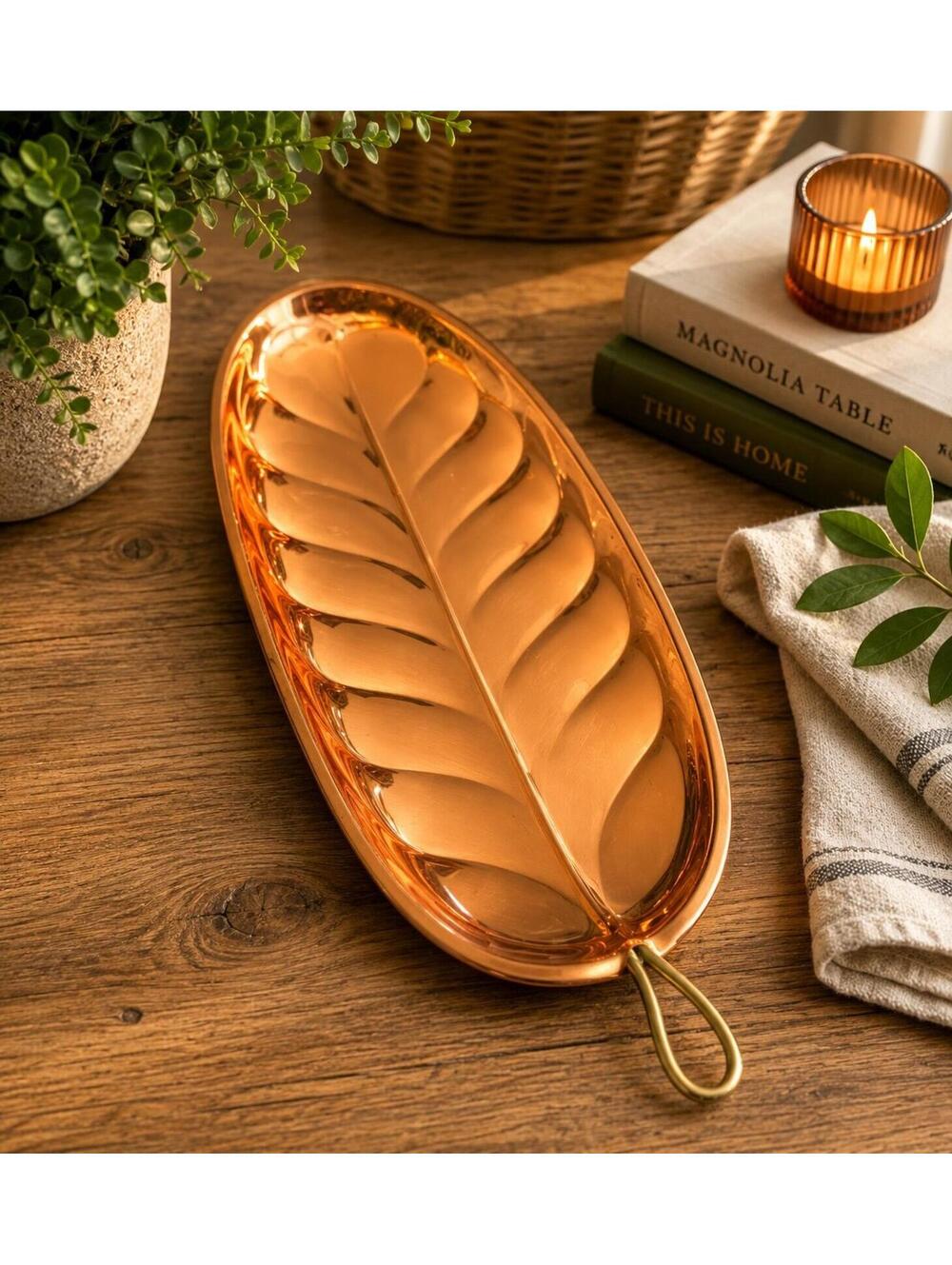 Vintage Copper Leaf Shaped Serving Tray Dish Brass Handle Mid Century